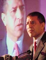 Rajan Bharti Mittal, Joint MD, Bharti Tele-Ventures Ltd, addresses a press conference in New Delhi on Wednesday.