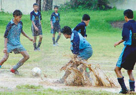 Semifinal match between KV No. I and KV, Yol, in progress at the Kendriya Vidyalaya Sangathan Regional Football Tournament being played at Chandi Mandir on Wednesday. 