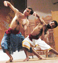 Bharat Bariya and Akshay Patel, students at Darpana Academy of Fine Arts, Ahmedabad, run by Mrinalini Sarabhai, perform Kalaripayattu for SPIC MACAY at the Government College of Education, Sector 20, Chandigarh, on Thursday.