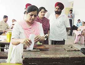 Graduates cast their vote for the three constituencies of the Panjab University Senate in Ludhiana on Sunday.