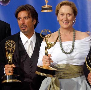 Meryl Streep and Al Pacino with their trophies for lead actress and lead actor, respectively, in a mini series for their roles in Angels in America at the 56th Annual Primetime Emmy Awards at the Shrine Auditorium in Los Angeles on Sunday. 