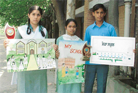 Winners of a district-level painting contest held at Girls Senior Secondary School, Bharat Nagar Chowk
