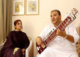 Sitar maestro Ustad Shujaat Husain Khan with Pakistani writer and theatre personality Aneela Khalid Arshed at a media interaction in New Delhi on Tuesday. Shujaat and Aneela will launch an album, "Beyond Love", based on Indo-Pak friendship. 
