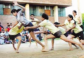 Girls of MCM DAV College for Women, Sector 36, overpower Sector 42 Coaching Centre girls in a Chandigarh State Kabaddi Championship match in Chandigarh