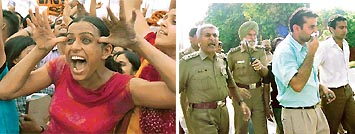 A supporter heckles as a candidate of another party makes a point during the open house on the eve of elections at Panjab University in Chandigarh 