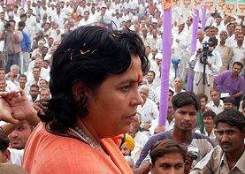 Former Madhya Pradesh Chief Minister Uma Bharti during her Tiranga yatra in Haryana on Thursday.