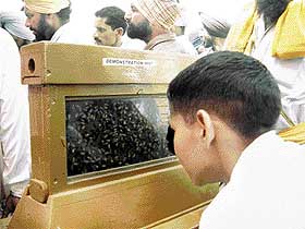 A child peers into a box of bees at the kisan mela at PAU in Ludhiana