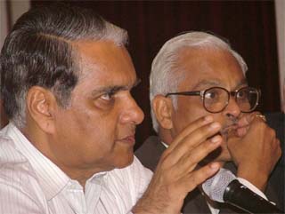 Mr R.V. Shahi, Power Secretary R.V. Shahi and C.P.Jain, CMD NTPC, address a press conference to announce NTPC's IPO in New Delhi on Friday