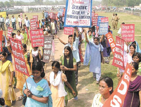 Students under the banner of All India Democratic Students Organisation took out a march against privatisation, commercialisation and communalisation of education at Ramlilla Ground in the Capital