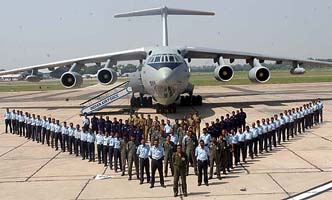 The Indian Air Force IL-78 refuelling plane squadron valorous mars pose for a photograph