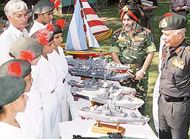 NCC Additional Director-General, Major-Gen Rakesh Dass, interacts with Naval Wing cadets in Chandigarh on Sunday. 