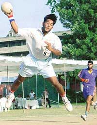 Avtar of Panjab University in action at a league match against Punjabi University, Patiala, during North-East Zone Inter-University Handball Championship at Panjab University 