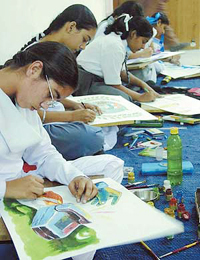 Children take part in a division-level painting competition at Bal Bhawan, Mohali, 