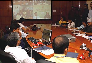 Doctors of a hospital in New Delhi interact with their Pakistani counterparts at the launch of telemedicine linkup between New Delhi and Lahore on Tuesday. 