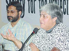 Nandita Haksar and Syed Abdur Rahman Geelani address mediapersons at Punjab Book Centre in Chandigarh on Wednesday.
