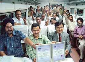 Railway officials show the ISO 9001 certificate for the Jan Shatabdi in Chandigarh on Thursday