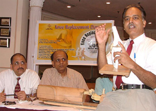 Dr J. Maheshwari at a press briefing on Knee Replacement Day, which is to be observed on October 10 to highlight the growing problem in this field. Dr K.K. Aggarwal and Dr S. K. S Marya are also seen in the picture. 