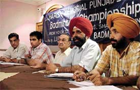 Mr R.S. Behal, secretary, LDBA, addresses a press conference on the eve of Punjab State Sub-Junior Badminton Championship in Ludhiana