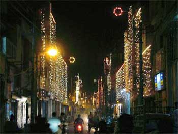 A view of old Ludhiana city near Suhani building which has been decked up for Jagannath rath yatra