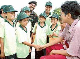 Students from Ladakh interact with local children during their visit to the city under a programme organised by the Army to take them to various parts of the country