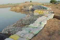 A protection bundh being erected using bags of soil and jute rope mesh at the spot where border fencing was getting eroded in the Tash Pattan area on the Indo-Pak border.