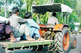Taken for a ride: Unmindful of the risk some labourers are being driven to work on a trailer through the GT road to the outskirts of Ludhiana