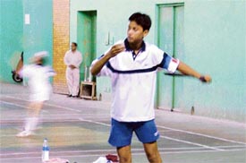Raj Kumar of Ludhiana in action during the semi final in the Punjab State Sub-Junior Harish Chander Memorial Badminton Championship