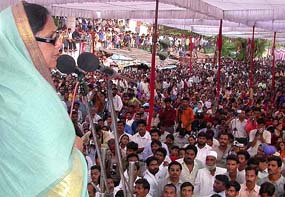 Rajya Sabha member and film star Jaya Bachchan addresses a Samajwadi Party rally at Pritam Nagar in Allahabad on Sunday.
