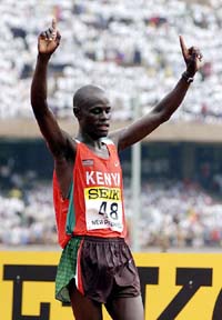 Paul Kirui of Kenya reacts after winning the mens title at the 13the IAAF World Half Marathon Championships
