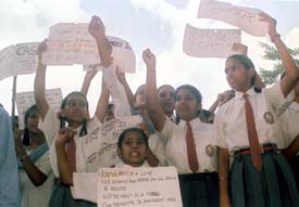 Students of Sri Guru Ram Rai School protest against a biology teacher in front of Mini Secretariat in Ludhiana