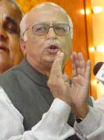 BJP leader L.K. Advani addresses a press conference on the North-East crisis in New Delhi on Monday.