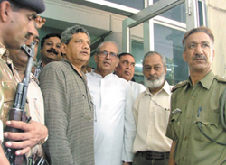 Former Prime Minister V. P. Singh and Sitaram Yechuri at the Chanakya Puri police station in the Capital on Tuesday. 