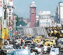 The long row of pillars erected for the elevated road project that was to be completed a year ago