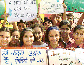 Students of Ryan International School hold pulse-polio awareness rally at Sector 49, Chandigarh, on Wednesday.
