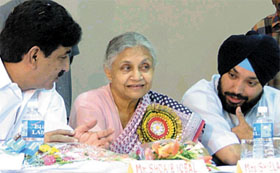 L to R: Delhi Assembly Deputy Speaker S. Iqbal, Chief Minister Sheila Dikshit and Education Minister Arvinder Singh Lovely at a felicitation function in honour of the Deputy Speaker, organised by the Government Teachers Association in the Capital on Wednesday.