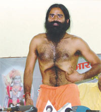 Swami Ramdev performing Pranayam during a press conference on his Yoga Shivir in the Capital on Wednesday.