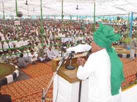 The Haryana Chief Minister, Mr Om Prakash Chautala, addresses a public gathering at Gurgaon on Wednesday.