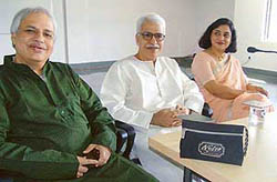 Brothers Rajan and Sajan Mishra during a press conference in Ludhiana on Wednesday.