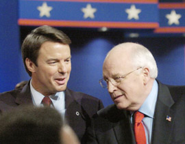 Democratic vice-presidential nominee Senator John Edwards (left) talks with US Vice-President Dick Cheney after their debate at Case Western Reserve University in Cleveland, Ohio, on Tuesday. 