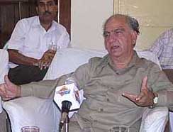 Former Union Minister Shanta Kumar addresses a press conference at Una on Thursday.