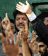 Shabir Shah, chief of Jammu Kashmir Democratic Freedom Party (JKDFP) leads an anti-election rally in Batamaloo, Srinagar