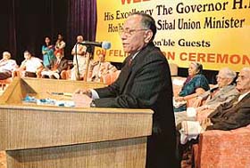 Mr V.S. Kokje, Governor of Himachal Pradesh, addresses the gathering after honouring prominent personalities at a function