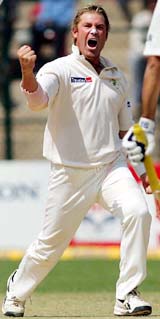 Shane Warne celebrates after dismissing VVS Laxman on the fourth day of the first Test
