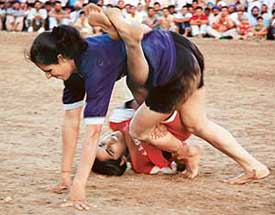 Women grapplers vie with each other in a Kabaddi match at a rural sports meet at Phase XI, Mohali 