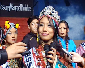 Tashi Yangchen interacts with the media after she was crowned Miss Tibet 2004 in McLeodganj on Sunday night