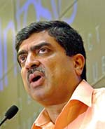 Infosys Technologies Ltd CEO Nandan Nilekani presents the companys second quarter results in Bangalore 