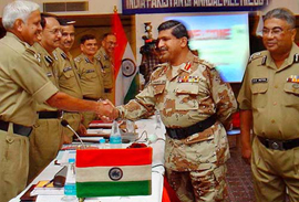 BSF Additional Director-General, A.K. Mitra (right) introduces head of the Pakistani delegation, Major-Gen Javed Zia to the BSF top brass at the start of the BSF-Rangers biannual conference in Chandigarh on Tuesday.