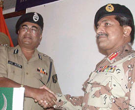 BSF Additional Director-General A.K. Mitra along with Director-General of Pakistan Rangers Major-Gen Javed Zia at a joint press briefing on the conclusion of the BSF-Pakistan Rangers Biannual Conference in Chandigarh on Thursday.  A Tribune photo.  