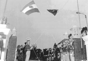 Jawans of India and Pakistan at flag-lowering ceremony at Wagah border.