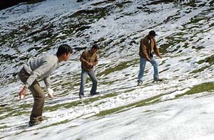 Youth enjoy the seasons first snowfall in Narkanda, 65 km from Shimla, on Thursday. 
